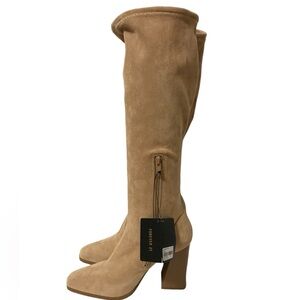 Forever 21 Thigh High Thick Heel Boots Tan Stretch Zip Side Size 8 NWT MSRP $50